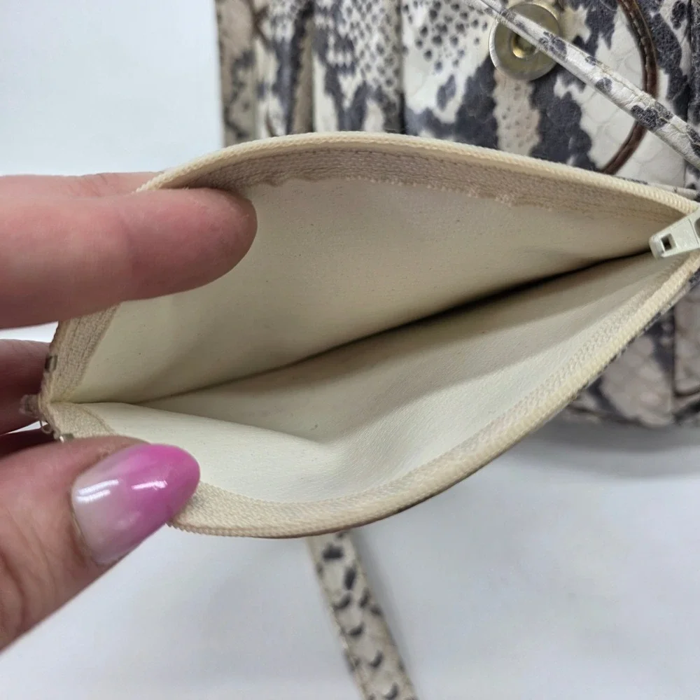 Vintage Hobo Bucket Bag Snakeskin Print‎ Fringe Leather Brown Cream Coin Purse